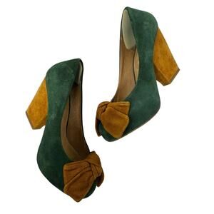 Jeffrey Campbell Lulu Green Yellow Gold Suede Bow Heels Pumps Size US 6.5‎